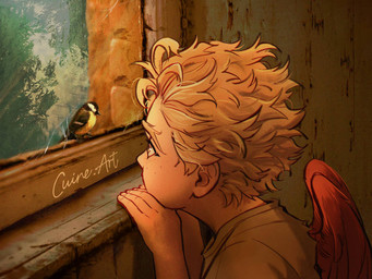 blonde_hair clothing duo eye_markings eyebrows feathers feral folded_wings freckles grey_clothing grey_shirt grey_topwear hair looking_through looking_through_window markings pale_skin red_body red_feathers red_wings shirt thick_eyebrows topwear wings yellow_eyes young cuine my_hero_academia keigo_takami accipitrid accipitriform avian bird buteo chickenhawk humanoid oscine passerine red-tailed_hawk sparrow 2023 4:3