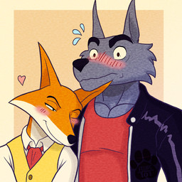 accessory anthro black_clothing black_jacket black_topwear blush blush_lines clothed clothing duo fur grey_body grey_fur heart_symbol jacket leaning_on_another male male/male multicolored_body multicolored_fur necktie orange_body orange_fur pecs red_clothing red_necktie red_shirt red_topwear shirt topwear two_tone_body two_tone_fur vest white_body white_clothing white_fur white_shirt white_topwear yellow_clothing yellow_topwear yellow_vest felipecolina101 don't_eat_the_neighbours fox_(don't_eat_the_neighbours) wolf_(don't_eat_the_neighbours) canid canine canis fox mammal wolf 1:1 2026 digital_media_(artwork) hi_res