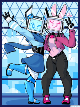 clothed clothing crossdressing detailed_background duo female gesture hand_around_waist hand_gesture hand_on_shoulder looking_at_viewer machine male male/female midriff one_eye_closed screen screen_face v_sign wink baronflint avalon_(baronflint) camelot_(baronflint) humanoid robot robot_humanoid 3:4 hi_res