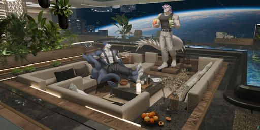 abs anthro beverage black_bottomwear black_clothing black_pants black_topwear blue_body blue_eyes bottomwear clothed clothing duo fur furniture hair holding_beverage holding_object inside male male_anthro mouth_closed muscular muscular_anthro muscular_male open_mouth pants pecs planet plant purple_eyes purple_hair short_hair sitting space standing table topwear white_body white_bottomwear white_clothing white_fur white_pants awaldkize mythology aquatic dragon fish mythological_creature mythological_scalie scalie shark absurd_res hi_res