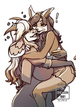 2_horns anthro bottomwear brown_hair clothed clothing duo exclamation_point eyelashes female hair horn hug jacket long_hair shirt shorts simple_background smile tank_top text topwear white_background white_body white_hair drsheldon1001 lana_baginsky_(furlana) thea_rosenheim ailurid bovid caprine felid feline goat hybrid ibex lynx mammal red_panda artist_name english_text hi_res