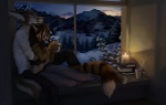 2013 4_toes anthro barefoot beverage black_nose book bottomwear brown_hair candle canid canine clothing container cozy cuddling cup detailed_background dexter_(character) dress_shirt duo ear_piercing embrace evening feet felid female fennec_fox fox hair holding_beverage holding_object hug inside love lux_(character) male male/female mammal mountain night pantherine pants paws piercing piranhapettingzoo plant reclining romantic romantic_ambiance romantic_couple shirt short_hair sitting sky snow steam sunset tiger toes topwear tree true_fox window winter