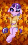 autumn autumn_leaves blush clothing female hoodie horn looking_at_viewer lying on_back one_eye_closed purple_eyes purple_sclera solo topwear wink winking_at_viewer confetticakez friendship_is_magic hasbro my_little_pony mythology starlight_glimmer_(mlp) equid equine mammal mythological_creature mythological_equine unicorn absurd_res hi_res