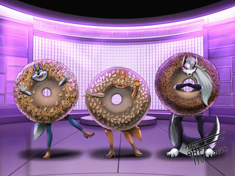 anthro bagel bagel_costume bread clothing costume eyebrow_piercing facial_piercing female food food_costume group piercing trio taka_studio dreamworks hellaverse helluva_boss illumination_entertainment mythology sing_(movie) the_bad_guys diane_foxington loona_(helluva_boss) porsha_crystal canid canid_demon canine canis demon fox hellhound mammal mythological_canine mythological_creature wolf 4:3 absurd_res hi_res