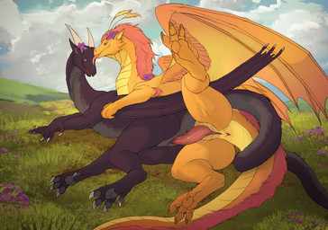 animal_genitalia anus claws cloud duo erection female female_feral female_penetrated feral feral_on_feral feral_penetrated feral_penetrating feral_penetrating_feral finger_claws flower fur genital_slit genitals grass landscape long_neck lying male male/female male_feral male_penetrating male_penetrating_female mane membrane_(anatomy) membranous_wings muscular on_side penetration penis plant quadruped red_mane sex tail tapering_penis toe_claws vaginal vaginal_penetration vulva wings yellow_claws veoros mythology ember_(snowviper) zulikath dragon furred_dragon furred_scalie mythological_creature mythological_scalie scalie 2026 digital_drawing_(artwork) digital_media_(artwork) hi_res