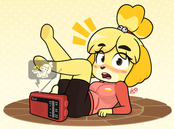 blush blush_stickers blushing_at_viewer clothing electronics exercise eyelashes female fur legwear long_eyelashes radio red_clothing red_sweater red_topwear shocked stretching_legs surprised sweater topwear workout workout_clothing yellow_body yellow_fur dm29 animal_crossing nintendo isabelle_(animal_crossing) canid canine canis domestic_dog mammal shih_tzu toy_dog