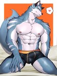 3:4 abs absurd_res anthro argo_northrop balls_outline big_bulge big_muscles blue_body blue_fur body_hair bulge canid canine canis clothed clothing detailed_bulge fur genital_outline hi_res ig1119 knights_college looking_at_viewer male mammal muscular muscular_anthro muscular_male nipples pecs penis_outline solo speedo swimwear topless underwear white_body white_fur wolf