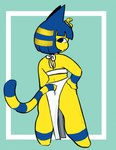 2024 animal_crossing ankha_(animal_crossing) blue_hair bottomwear clothed clothing digital_drawing_(artwork) digital_media_(artwork) domestic_cat felid feline felis furgonomic_bottomwear furgonomics hair hand_on_hip hi_res loincloth looking_at_viewer looking_back looking_back_at_viewer mammal nintendo pose skimpy standing tail tiredfizz