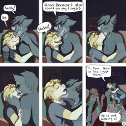 6_panel_comic anthro arm_grab ashtray bedroom_eyes beverage_bottle black_body black_clothing black_hair black_shirt black_topwear blonde_hair blue_eyes bottle brown_eyes clothed clothing clothing_lift container dialogue eyes_closed french_kissing fur furniture grey_body grey_fur group hair hand_on_back hand_on_head hand_under_shirt heart_symbol kissing laugh logo looking_pleasured lying lying_on_sofa male male/male name_in_dialogue narrowed_eyes neck_kiss on_back on_sofa page_number ragged_clothing seductive shirt shirt_lift sitting sitting_on_sofa smile smiling_at_another smiling_at_each_other sofa speech_bubble sweater tail text topwear trio unconscious worried_for_other yellow_body yellow_fur kriek_wildebeest jeremy_(kriek_wildebeest) ravi_(kriek_wildebeest) tom_(kriek_wildebeest) border_collie canid canine canis collie domestic_dog herding_dog husky hybrid mammal nordic_sled_dog pastoral_dog portuguese_water_dog sheepdog spitz wolf 1:1 artist_logo comic english_text hi_res multiple_scenes