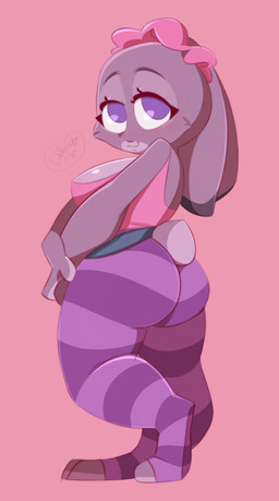 anthro big_breasts big_butt breasts butt clothing ears_down female leggings legwear looking_at_viewer pattern_clothing pattern_legwear pink_clothing pink_topwear pivoted_ears purple_eyes scrunchie scut_tail short_tail smile solo striped_clothing striped_legwear stripes tail thick_thighs tight_clothing topwear wide_hips dalmatinya disney zootopia judy_hopps european_rabbit lagomorph leporid mammal oryctolagus rabbit hi_res signature
