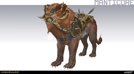 2_horns ambiguous_feral ambiguous_gender belly black_nose brown_body brown_fur brown_tail claws company_name curled_horn feral fur gradient_background grey_belly grey_teeth gums horn horn_jewelry jewelry light mane multicolored_body multicolored_fur orange_eyes orange_mane paws pink_gums quadruped red_horn reins saddle sharp_teeth simple_background solo standing stinger tail teeth text three-quarter_view toe_claws nicholas_patrick_kelana highguard_(game) iranian_mythology middle_eastern_mythology mythology felid mammal manticore 2026 absurd_res colored concept_art digital_drawing_(artwork) digital_media_(artwork) english_description english_text hi_res lighting official_art shaded