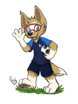 anthro ball barefoot black_nose blue_bottomwear blue_clothing blue_eyes blue_shirt blue_shorts blue_t-shirt blue_topwear bottomwear brown_body brown_fur brown_pawpads clothed clothing eyewear fangs feet france front_view fur gesture glistening glistening_eyes glistening_nose gloves_(marking) goggles holding_ball holding_object leg_markings logo looking_at_viewer male male_anthro markings mascot open_mouth open_smile pawpads shirt shorts simple_background smile soccer_ball socks_(marking) solo standing t-shirt teeth topwear waving waving_at_viewer white_background white_body white_fur young young_anthro young_male pandapaco fifa france_national_football_team zabivaka canid canine canis mammal wolf artist_logo full-length_portrait hi_res portrait signature