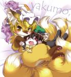 :3 anthro blonde_hair brown_hair claws clothing duo ear_piercing fangs female fluffy fluffy_tail hair hat headgear headwear hug looking_at_viewer lying multi_tail open_mouth pawpads paws piercing pupils red_eyes ribbons slit_pupils tail teeth yellow_eyes ikuta_takanon touhou chen_(touhou) ran_yakumo canid canine domestic_cat felid feline felis fox mammal red_fox true_fox 2014