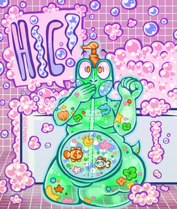 5_fingers ambiguous_gender amputee anthro bathroom bathtub belly cleancore covering covering_mouth disability dolphin_(marking) featureless_crotch fingers fist floor green_body hiccuping legless markings nude on_ground pink_bubble pink_soap raised_arm rubber_duck seashell seashell_(marking) shell slightly_chubby slightly_chubby_ambiguous slightly_chubby_anthro soap soap_bottle soap_bubbles soap_dispenser soap_in_belly soap_inside_body solo speech_bubble star_(marking) suds tail text thick_thighs tile tile_floor tile_wall translucent translucent_body wall_(structure) the_acid_pear amphibian animate_inanimate aquatic fish frog soap_bottle_creature soap_dispenser_creature hi_res signature