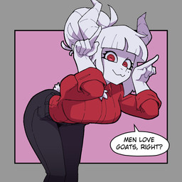 :3 anthro clothed clothing dialogue female horn leaning leaning_forward looking_at_viewer solo sweater talking_to_viewer text topwear white_body muds helltaker goat_lucifer_(helltaker) bovid caprine demon goat mammal 1:1 english_text hi_res