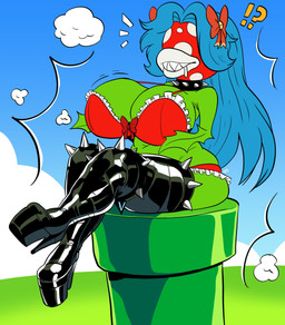 anthro big_breasts big_butt blue_hair boots bow_accessory bow_ribbon breasts butt clothing collar confusion female footwear green_pipe hair high_heeled_boots high_heels implied_transformation latex latex_clothing latex_legwear latex_thigh_highs legwear lips long_hair outside plant sharp_teeth shoes solo spikes surprised teeth thick_lips thigh_highs harry_amorós mario_bros nintendo harriet_(harry_amoros) elemental_creature flora_fauna piranha_plant absurd_res hi_res