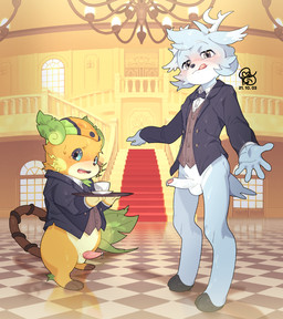 animal_genitalia animal_penis anthro antlers black_nose black_tie_(suit) blue_sclera blush blush_lines bodily_fluids bottomless bottomless_anthro bottomless_male bow_tie button_(fastener) chandelier cheek_tuft clothed clothing collared_shirt container cup detailed_background dress_shirt dripping duo erection facial_tuft floor foreskin fur genital_fluids genitals grey_body grey_eyes grey_fur half-closed_eyes head_tuft headgear headwear holding_tray hooved_toes hooves horn humanoid_genitalia humanoid_penis inside larger_anthro larger_male leaking_precum licking licking_lips looking_at_viewer male male_anthro mansion narrowed_eyes open_mouth orange_body orange_fur partially_retracted_foreskin penis precum precum_drip reflective_floor saucer scut_tail semi-anthro shirt short_tail size_difference smaller_male stairs suit sweat tail tears tile tile_floor tongue tongue_out topwear tray tuft vest whiskers window poroo-mi nintendo pokemon bovid generation_1_pokemon mammal pokemon_(species) raichu 2021 dated digital_drawing_(artwork) digital_media_(artwork) shaded signature