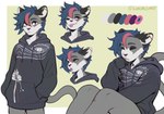 anthro blep blue_hair bottomless bottomless_anthro bottomless_male cheek_tuft clothed clothing ear_piercing eyes_closed facial_tuft fur grey_body grey_fur hair highlights_(coloring) hoodie industrial_piercing male multicolored_body multicolored_fur one_eye_closed piercing red_highlights simple_background solo tongue tongue_out topwear tuft two_tone_body two_tone_fur wide_eyed wink yellow_background lukiro katz_(lukiro) domestic_cat felid feline felis mammal hi_res model_sheet