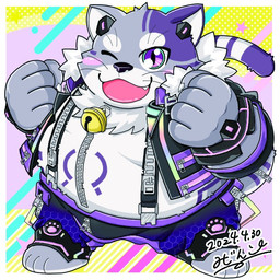 anthro bell bell_collar belly blush bracelet chibi collar fur jewelry male one_eye_closed overweight purple_body purple_eyes purple_fur smile solo striped_body striped_fur stripes suspenders wink zipper mijinkoooknijim lifewonders live_a_hero bygul domestic_cat felid feline felis mammal 1:1