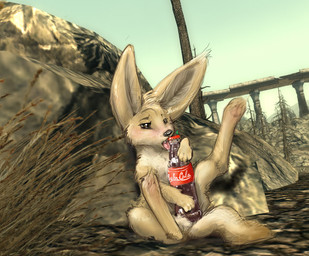 ambiguous_gender beverage big_ears blush bottle brown_eyes chest_tuft container feral food food_fetish fur legs_up licking nuka-cola outside soda solo suggestive suggestive_food tail tongue tongue_out tuft nullenigma fallout microsoft canid canine fennec_fox fox mammal true_fox 2008