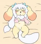 anthro bed blush bow_(feature) clothed clothing female furniture genitals loli navel pussy sleeping solo young young_anthro sirbrownbear mei_(sirbrownbear) canid canine canis domestic_dog mammal hi_res