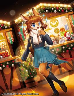 5_fingers anthro blue_bottomwear blue_clothing blue_eyes blue_skirt bottomwear box brown_hair clothing container detailed_background female fingers footwear gift_box hair open_mouth plushie scarf shoes skirt solo white_scarf kemonomichi_(pixiv) bushiroad cardfight!!_vanguard winter_bazaar_torfi deer mammal 2025 official_art