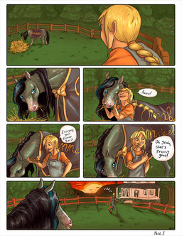 black_hair blonde_hair blue_eyes blue_highlights braided_hair building clothed clothing detailed_background dialogue duo eating female fence feral fully_clothed fur grass green_eyes grey_body grey_fur hair hay highlights_(coloring) house human_to_feral light_body light_skin long_hair outside overalls petting plant ponytail rolled_up_sleeves shirt species_transformation standing sunset text topwear transformation walking sharkliver equid equine horse human mammal 2016 comic english_text hi_res
