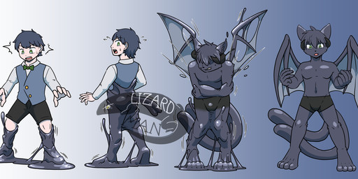 2_tails anthro black_body black_bottomwear black_clothing black_hair black_pants blue_clothing bottomwear bow_tie bulge clothing curled_horn forced forced_transformation goo_transformation green_eyes hair horn human_to_anthro latex male membrane_(anatomy) membranous_wings multi_tail nude pants solo species_transformation tail transformation wings lizardman_(artist) ids_(user) demon_cat_(ids) canid canine canis human mammal wolf
