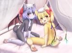 anthro bed blonde_hair blush breasts butt clothing duo female furniture hair hat headgear headwear inner_ear_fluff kemono loli nude on_bed pawpads purple_hair short_hair sitting small_breasts tuft wings young young_anthro mcsadat touhou flandre_scarlet remilia_scarlet canid canine canis domestic_dog mammal