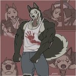 anthro areola barazoku biceps big_muscles blood bodily_fluids body_hair border bottomwear chest_hair claws clothed clothing creepy creepy_face deltoids denim denim_bottomwear denim_clothing ear_piercing eyebrow_piercing facial_piercing frown fur gesture goofy_smile hand_gesture huge_muscles jeans licking looking_at_viewer lying male muscular muscular_anthro muscular_male nipples nose_piercing on_front open_mouth open_smile pants pecs piercing pointing red_background scar sharp_teeth shirt silly silly_face simple_background smile solo standing tank_top teeth tongue tongue_out topwear triceps tuft white_border amon-sydonai creepypasta smile.dog canid canine canis demon domestic_dog husky mammal monster nordic_sled_dog spitz 2024 hi_res signature