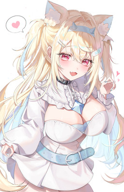 accessory animal_ears band-aid bandage belt big_breasts black_choker black_jewelry black_necklace blonde_hair blue_nails blush breasts choker cleavage clothed clothing clothing_lift colored_nails cute_fangs dress dress_lift fake_horns fangs female fluffy_ears hair hair_accessory hair_between_eyes heart_symbol highlights_(coloring) jewelry long_hair multi_ear nails necklace open_mouth pink_eyes simple_background solo speech_bubble spiked_choker teeth white_background white_clothing white_dress da_moong_50 hololive hololive_en vtuber fuwawa_abyssgard animal_humanoid canid canid_humanoid canine canine_humanoid dog_humanoid humanoid mammal mammal_humanoid absurd_res hi_res
