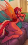 anthro barely_visible_nipples breasts casual_nudity electronics female fingers game_console gaming glistening glistening_body hair hole_(anatomy) hooves horn insect_wings nipples nude playing_video_game red_eyes red_hair smile solo wings margony friendship_is_magic hasbro my_little_pony nintendo nintendo_switch fan_character arthropod changeling 2021 digital_media_(artwork) hi_res