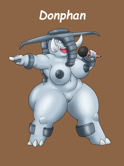 anthro areola big_butt biped breasts butt electronics female genitals gesture grey_body hand_gesture huge_butt huge_hips huge_thighs microphone nipples nude pointing pupils simple_background smile solo text thick_thighs vulva wide_hips lurking_tyger nintendo pokemon donphan generation_2_pokemon pokemon_(species) 3:4 hi_res