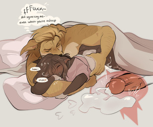 ambiguous_penetration anthro anthro_on_anthro anthro_penetrated anthro_penetrating anthro_penetrating_anthro arm_around_arm blonde_hair blush bodily_fluids bottomless brown_body brown_fur brown_hair clothed clothed_anthro clothed_female clothing cum cum_inside cutaway drooling duo ejaculation eyes_closed female female_anthro floppy_ears folded_ears fur genital_fluids genitals hair hair_over_eye heart_symbol humanoid_genitalia humanoid_penis male male_anthro moan orgasm partially_clothed_anthro partially_clothed_female penetration penis pillow pink_clothing pink_penis pink_shirt pink_topwear saliva sex shirt shirt_only sleep_sex sleeping smile sound_effects tan_bedding tan_body tan_fur tan_pillow text thought_bubble topwear topwear_only vein veiny_penis vowelless vowelless_sound_effect yellow_body yellow_fur zzz chewtoyys biscuit_(chewtoyys) lucky_(chewtoyys) bird_dog canid canine canis domestic_cat domestic_dog felid feline felis golden_retriever hunting_dog mammal mixed_breed retriever 2025 absurd_res english_text hi_res nonbinary_(lore)