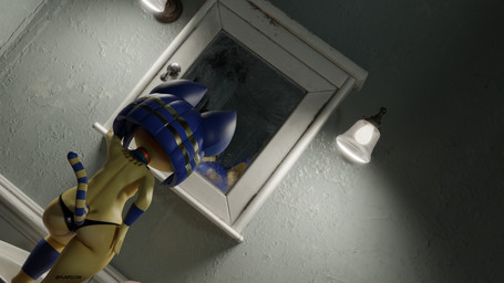 anthro blue_body blue_fur blue_hair butt clothed clothing eye_of_horus female fur glowing glowing_eyes hair mirror nude of_horus solo standing topless topless_female yellow_body yellow_fur flapelow_(artist) zy0n7_(modeler) animal_crossing nintendo ankha_(animal_crossing) domestic_cat felid feline felis mammal 16:9 3d_(artwork) digital_media_(artwork) hi_res widescreen