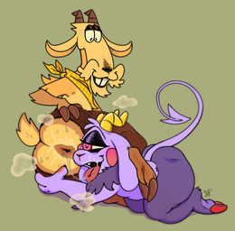 1_eye 2_horns 2_toes 3_fingers after_anal after_oral after_rimming all_fours anthro anus arm_tuft big_butt black_eyes bodily_fluids brown_anus brown_body brown_fur brown_hooves brown_horn buckteeth butt cheek_tuft curvy_figure dripping duo elbow_tuft eyeliner facial_hair facial_tuft feet fingers floppy_ears fur goatee green_background half-closed_eyes hand_on_butt head_tuft heart_pupils hooved_fingers hooved_toes hooves horn huge_butt kerchief kerchief_only long_ears long_tail looking_pleasured lying makeup male male/male musk musk_cloud narrowed_eyes neck_tuft nude on_side open_mouth open_smile pink_cheeks pink_eyes purple_body purple_ears purple_fur purple_skin purple_tail red_hooves saliva saliva_drip saliva_on_anus saliva_on_butt saliva_on_tongue saliva_string scut_tail short_tail simple_background small_tail smile snout spade_tail spread_anus spread_butt spreading tail tan_body tan_ears tan_fur tan_inner_ear tan_sclera teeth text thick_thighs toes tongue tongue_out tuft wide_hips yellow_horn yellow_kerchief 1mp buck_(bajableat) prince_gamon_(1mp) bovid caprine caprine_demon demon goat imp mammal 2025 artist_name colored digital_drawing_(artwork) digital_media_(artwork) english_text hi_res shaded signature