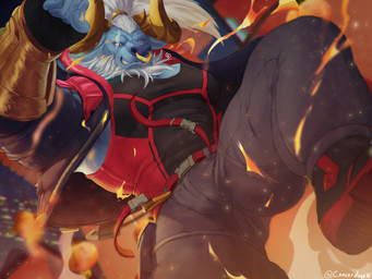 accessory belt blue_body blue_fur building bulge clothed clothing facial_hair facial_piercing facial_scar fingerless_gloves fur gloves hair hair_accessory hair_ring handwear horn house lamp lantern male muscular muscular_male night nose_piercing nose_ring piercing ring_piercing scar solo white_hair cancerdoge league_of_legends riot_games tencent alistar_(lol) bovid bovine cattle mammal 4:3 absurd_res hi_res