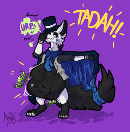 abdominal_bulge accessory anthro burping cape claws clothed clothing covering covering_mouth digestion digestion_noises face_imprint fangs fur furgonomics half-closed_eyes hat headgear headwear imprint inner_ear_fluff male narrowed_eyes navel necktie partially_clothed puffed_cheeks raised_tail ribbons soft_vore solo sound_effects standing tail tail_accessory tail_ribbon teeth text top_hat topwear tuft vest vore awoogasm ace_(awoogasm) gulonine mammal marten mustelid musteline 2021 hi_res signature