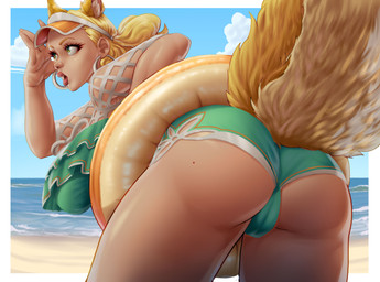 animal_ears animal_tail beach bent_over big_breasts big_butt blonde_hair border breasts butt camel_toe clothing cloud ear_piercing ear_ring eyelashes female flotation_device fur green_clothing green_eyes green_swimwear hair hat headgear headwear mole_on_butt open_mouth piercing rear_view ring_piercing sea sky solo swimwear tan_body tan_skin thick_thighs visor_cap water white_border wide_hips yellow_body yellow_fur croissama marvel marvel_rivals squirrel_girl_(marvel) animal_humanoid humanoid mammal mammal_humanoid rodent rodent_humanoid sciurid sciurid_humanoid tree_squirrel_humanoid hi_res