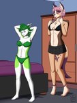 bikini body_art bottomwear clothing female hotel playful pose shy skirt smug surprised swimwear tattoo teasing two-piece_swimsuit dressari bovid canid canine caprine mammal sheep 3:4 absurd_res hi_res