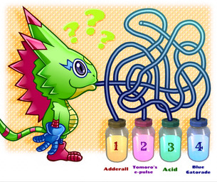 acid anthro container drinking drinking_straw green_body humor jar male silly_straw solo text nickpeppermint adderall bandai_namco digimon digimon_beatbreak gatorade digimon_(species) gekkomon scalie english_text hi_res