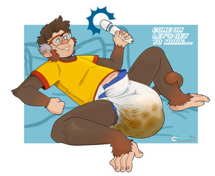 anthro diaper eyewear feces glasses lying male on_back sex_toy smile soiled_diaper soiling solo unclean_diaper used_diaper vibrator possumkiddo haplorhine mammal monkey primate absurd_res hi_res