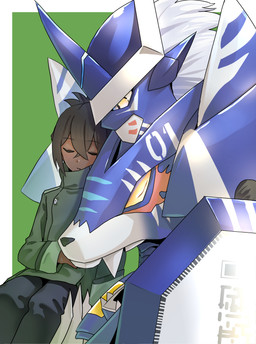 anthro armor black_hair blue_body duo eyes_closed hair male sleeping white_hair yellow_eyes young hase_popopo bandai_namco digimon digimon_beatbreak granit_(digimon_beatbreak) digimon_(species) human mammal tialudomon absurd_res hi_res