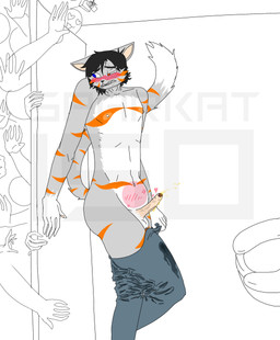 anthro belly_blush bladder_bulge blush bodily_fluids body_blush clothed clothing erection full_bladder genital_fluids group leaking_urine male omorashi pee_desperation secretly_loves_it solo topless urine urine_stain sparkat150 sparkat_(sparkat150) domestic_cat felid feline felis mammal absurd_res hi_res
