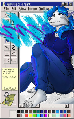 anthro blue_bottomwear blue_clothing blue_hair blue_pants blue_shirt blue_topwear bottomwear clothing female hair pants shirt solo topwear white_body fuzzycoma microsoft microsoft_office microsoft_paint_(copyright) solo_jazz_pattern clippit arctic_wolf canid canine canis mammal wolf hi_res