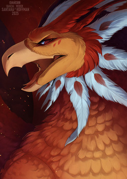 ambiguous_feral ambiguous_gender beak blue_eyes feathered_wings feathers feral open_mouth orange_beak orange_body orange_feathers red_sclera red_tongue solo text tongue wings santanahoffman avian 2025 artist_name dated hi_res