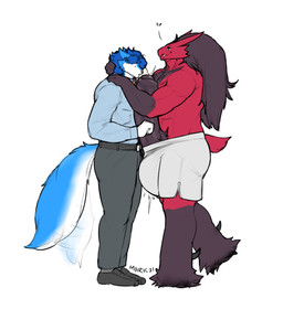 accessory anthro athletic athletic_anthro athletic_male balls beak big_balls big_penis black_body black_feathers black_hair blue_body blue_fur blue_hair bodily_fluids bottomwear clothed clothing cum cum_on_face duo erection feathers feet footwear fur furry_tail genital_fluids genitals hair hug huge_balls huge_penis long_hair looking_at_another looking_at_genitalia looking_at_penis male necktie pants partially_clothed penis penis_on_face precum pubes red_feather shoes short spikes spikes_(anatomy) tail tail_motion tailwag talons toes white_body white_fur marvolk nintendo pokemon mark_(marvolk) avian bird blaziken canid canine generation_3_pokemon mammal pokemon_(species) 2021 absurd_res hi_res signature