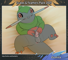 anus balls black_body bodily_fluids claws embarrassed feral front_view genitals green_body looking_at_viewer lying male multicolored_body on_back penis presenting presenting_penis red_eyes solo text toe_claws exonite nintendo pokemon fraxure generation_5_pokemon pokemon_(species) hi_res url