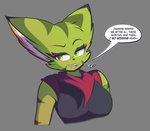 anthro breasts clothing dialogue female fur green_body green_eyes green_fur open_mouth scarf shirt solo tank_top text topwear freakyed freedom_planet galaxytrail carol_tea felid feline felis mammal wildcat english_text hi_res