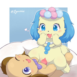 anthro anthro_on_anthro anthro_penetrated anthro_penetrating anthro_penetrating_anthro blue_eyes blush bow_ribbon brown_body brown_fur cowgirl_position duo female female_anthro female_on_top female_penetrated from_front_position fur genitals jewelry male male/female male_anthro male_on_bottom male_penetrating male_penetrating_female necklace on_bottom on_top penetration penile penile_penetration penis_in_vagina purple_eyes sex vaginal vaginal_penetration vulva yellow_body yellow_fur zyuuniie jewelpet sanrio sega sega_fave io_(jewelpet) sapphie_(jewelpet) canid canine canis domestic_dog domestic_rabbit lagomorph leporid lop_rabbit mammal oryctolagus rabbit 1:1 absurd_res hi_res signature